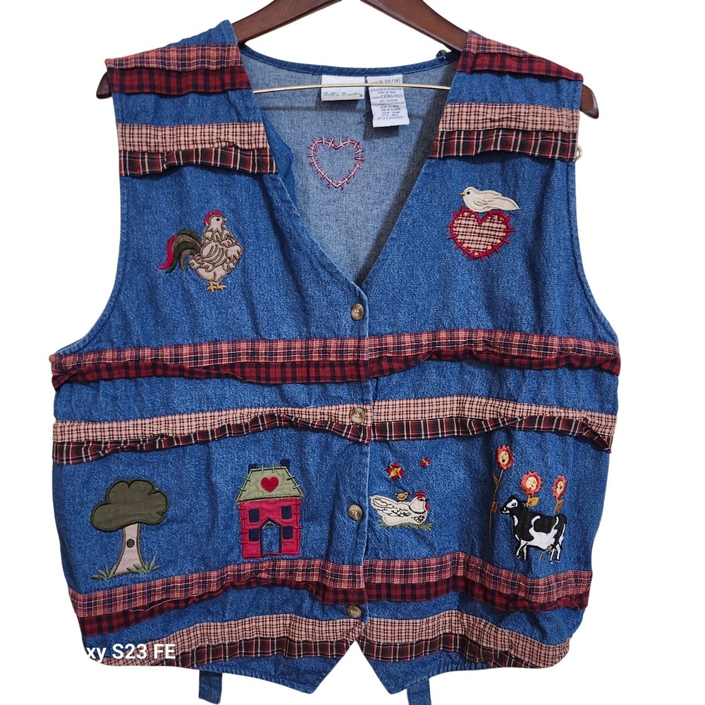 Vtg Denim Vest Womens XL Blue Plaid Trim Embroidered Farm 
Animals Grannycore